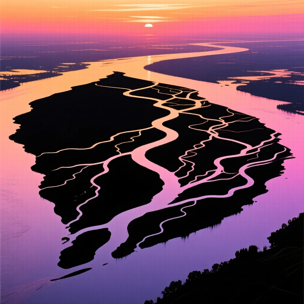 A wide river delta branching into dozens of channels seen from above.