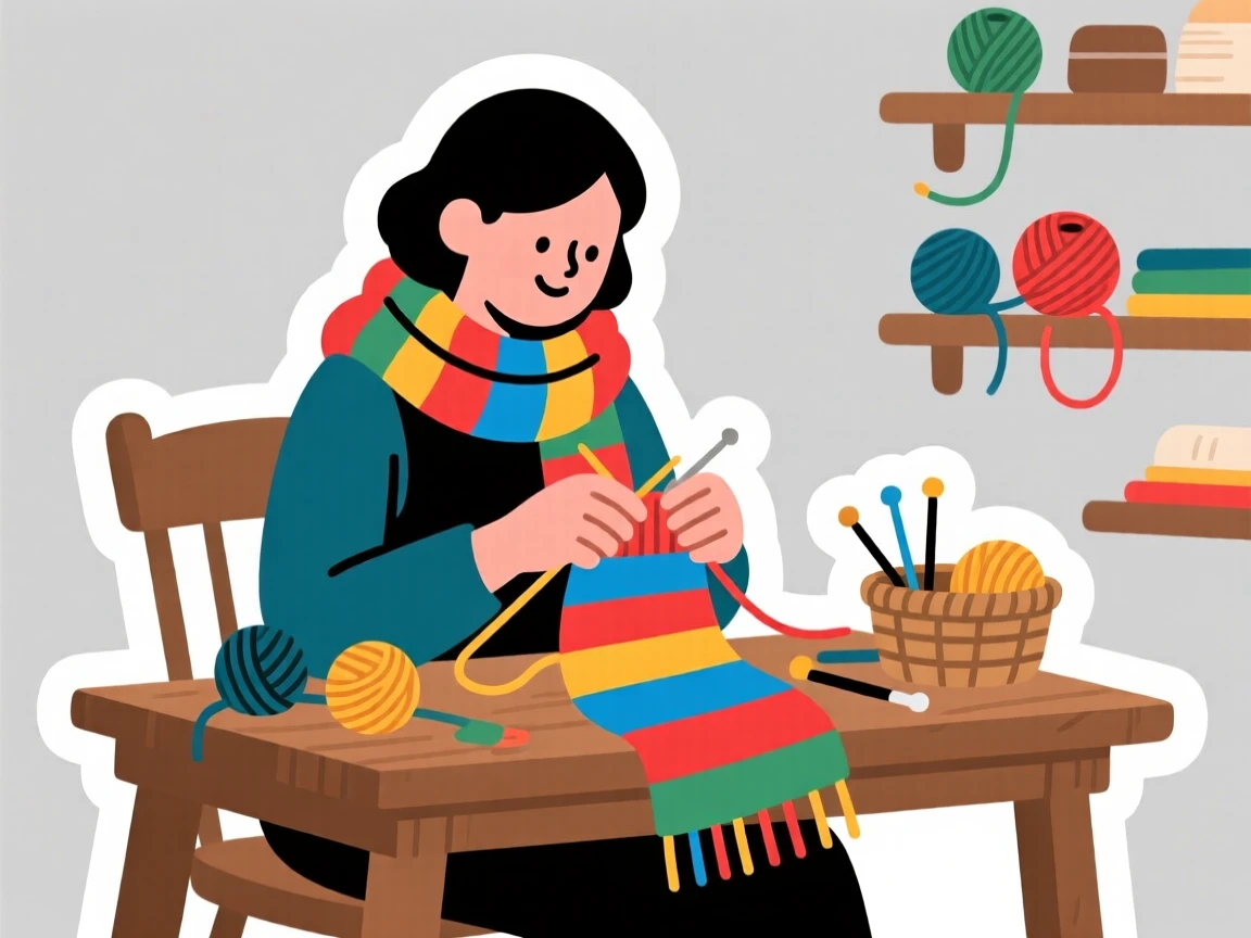 A quietly passionate knitter working on a colorful scarf, taking a short pause to admire their progress, at a cozy neighborhood workshop.