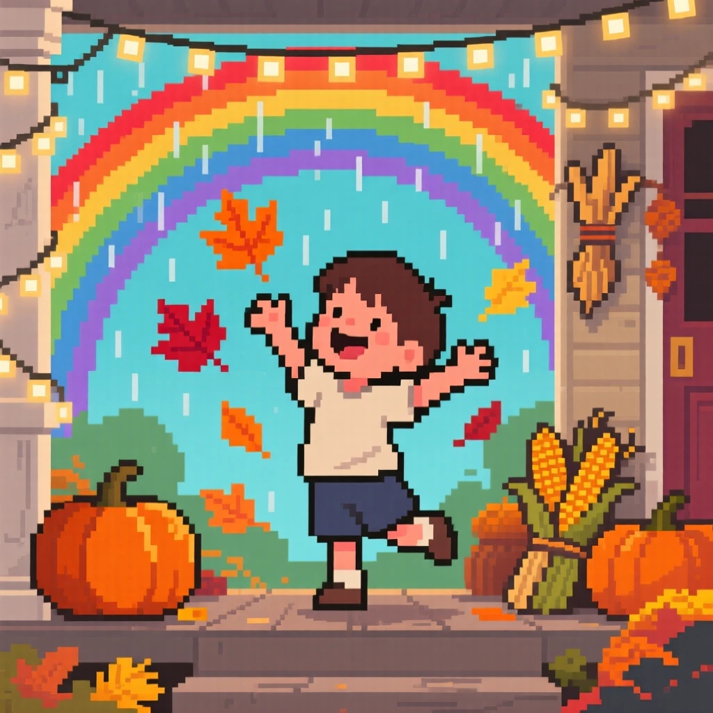 A child catching falling leaves framed by a rainbow after summer rain, on a porch decorated for a harvest festival.