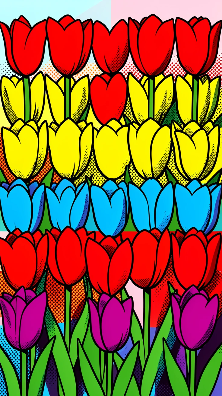 A field of tulips arranged in lively color stripes