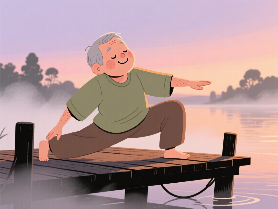 A elderly man practices gentle yoga stretches on a wooden dock at dusk, breathing slowly as soft mist surrounds them.