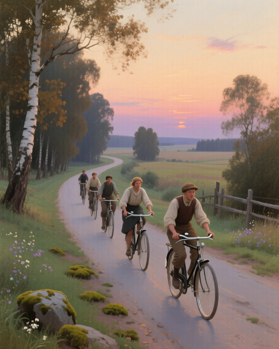 A wide establishing shot of a group of cyclists pedaling along a tree-lined countryside lane, in the Russian countryside, at twilight.