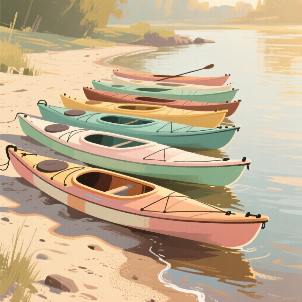 A row of colorful kayaks resting on a sandy riverbank