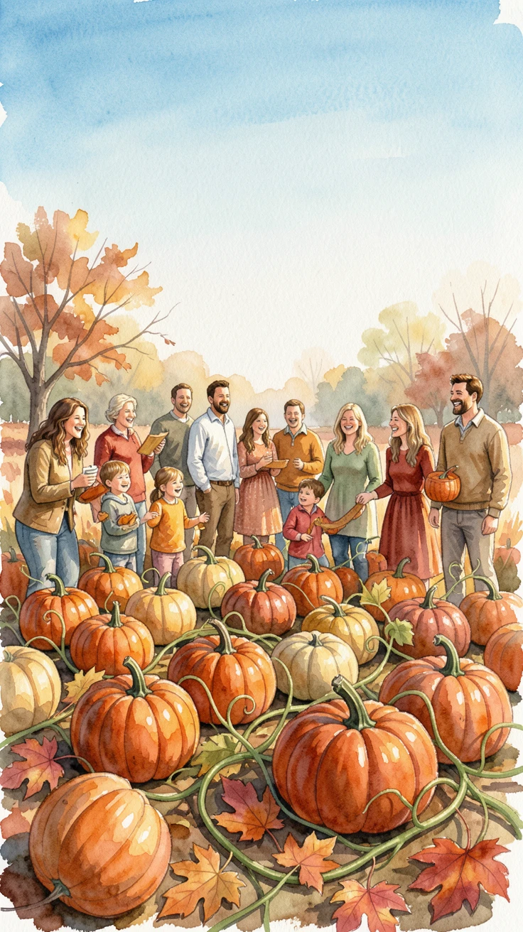 A pumpkin patch under a crisp autumn sky surrounded by joyful family and friends.