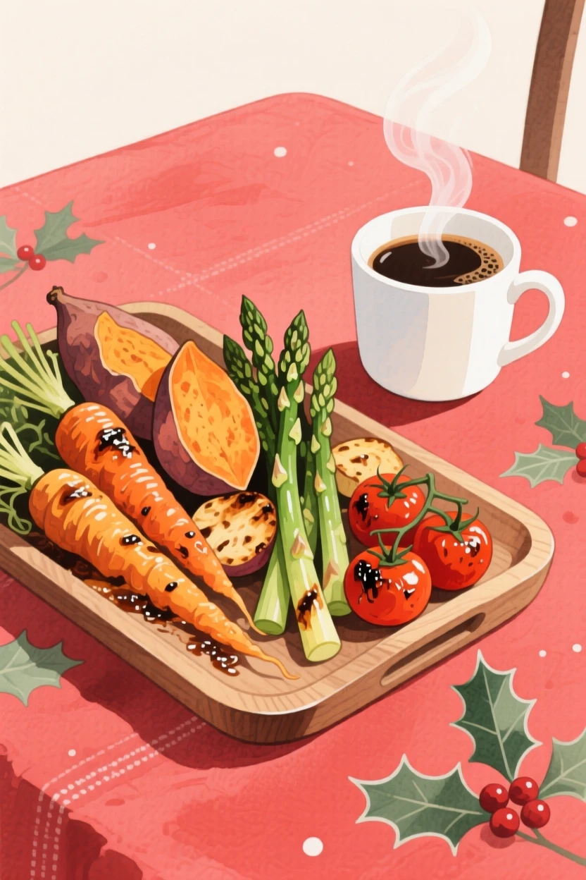 A tray of roasted vegetables sits next to a steaming cup of coffee at a festive holiday table, arranged beautifully for a delightful meal