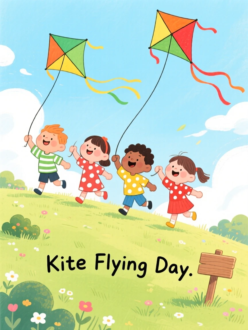 A joyful scene of friends flying kites together on a windy hill.