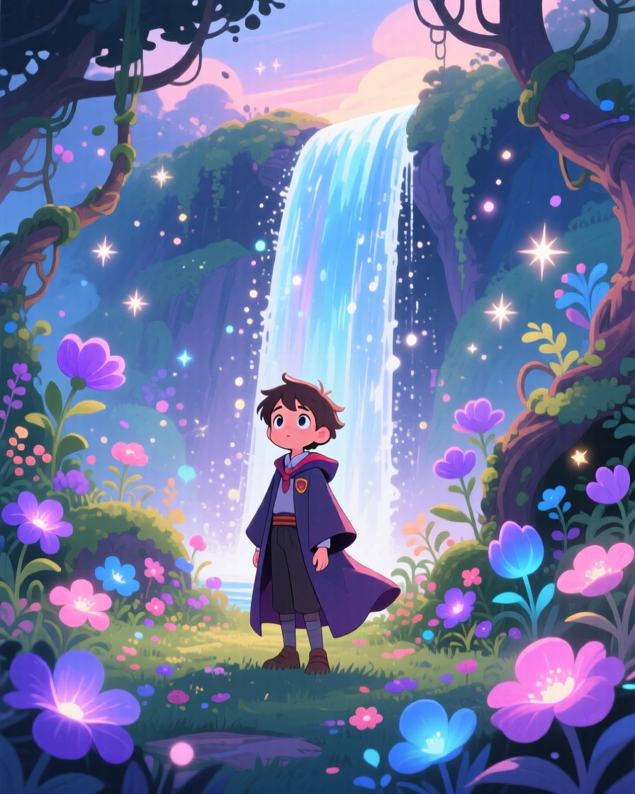 A young wizard apprentice discovering a hidden waterfall that flows upward into the sky, in a magical garden where flowers glow at night, radiating hope and heroic determination.