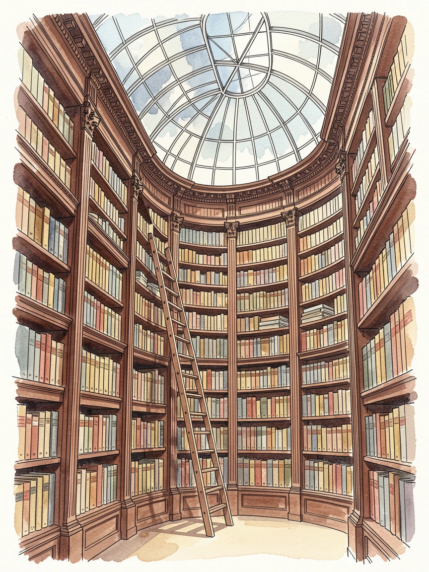 A grand old library with soaring shelves and a domed glass ceiling, the scene rich with texture and quiet character.
