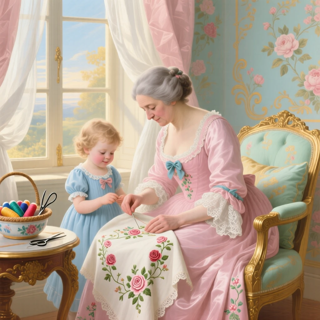 A grandmother teaching a child to embroider beside a sunny window  