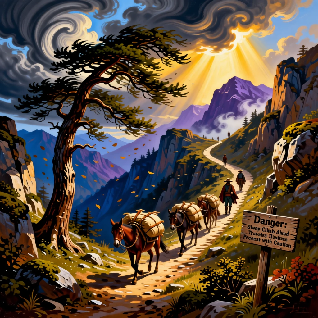 A caravan of traders ascends a trail cut into the mountainside as the wind howls across the ridge.
