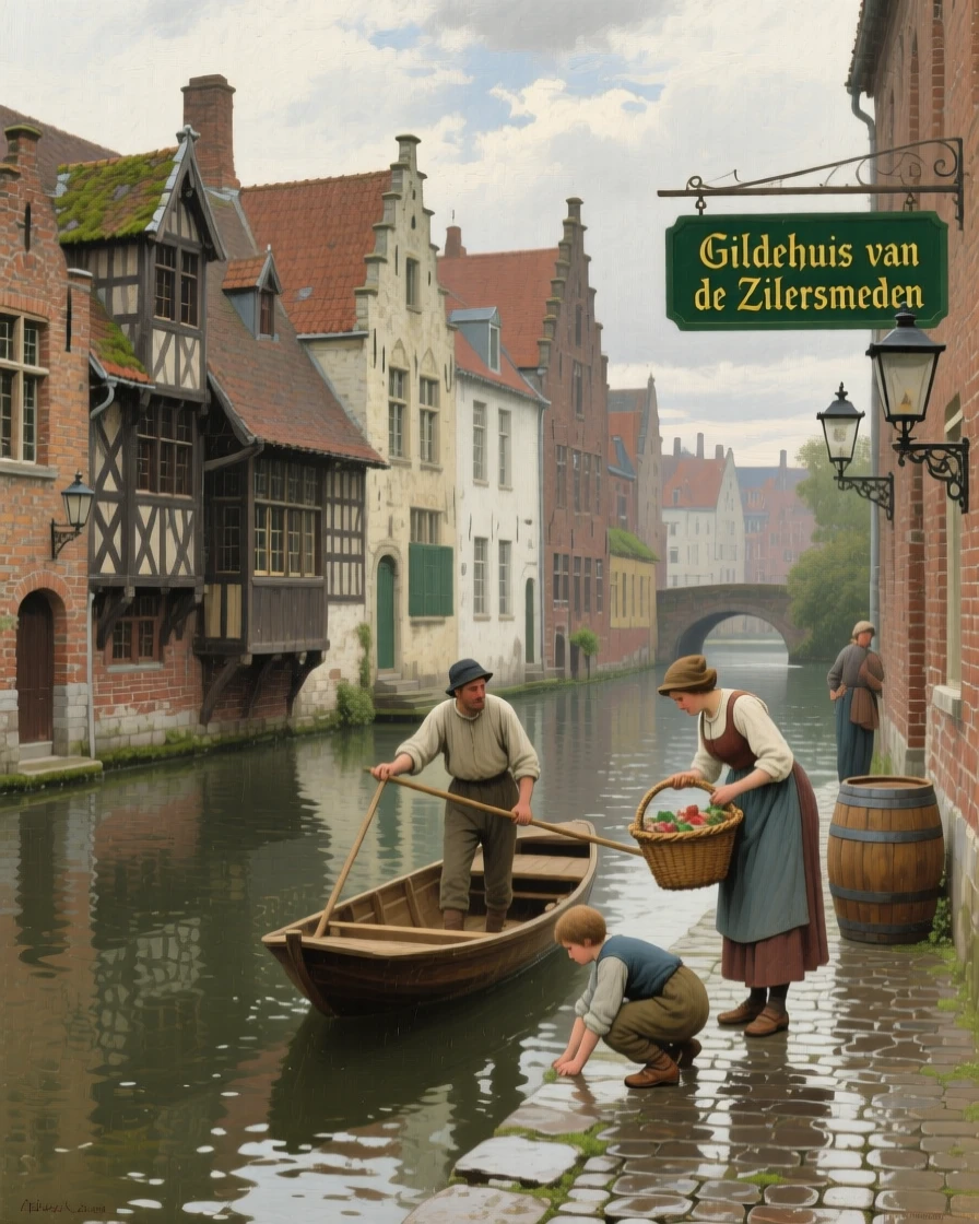 The historic canals of Bruges lined with medieval guild houses, as reflections shimmer across nearby water or wet pavement, designed to transport the viewer directly into the scene