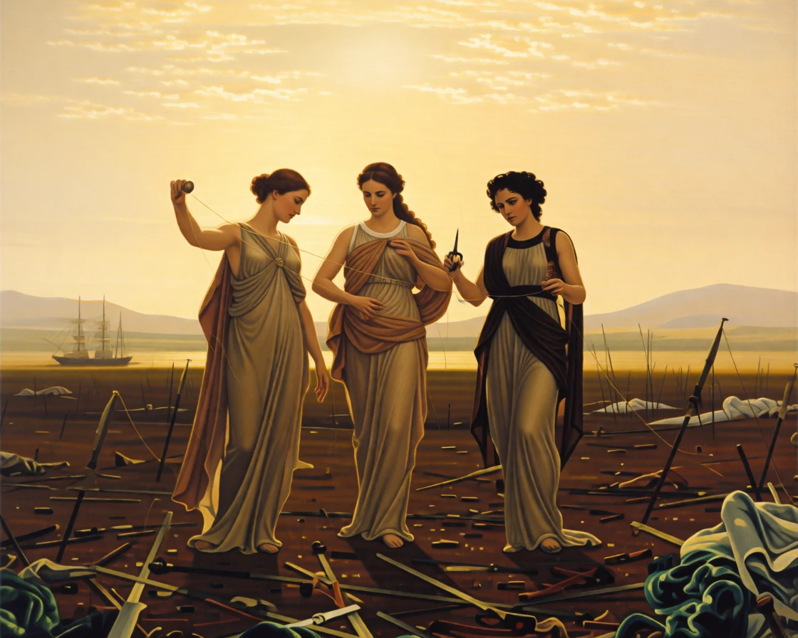 The three fates weaving the thread of a newborn's destiny with every eye fixed on the unfolding drama, set on a windswept battlefield strewn with fallen standards, with distant ships and mountains fading into a golden haze; sweeping drapery and gesture guide the eye across the whole scene, radiating triumph tempered by solemn sacrifice.