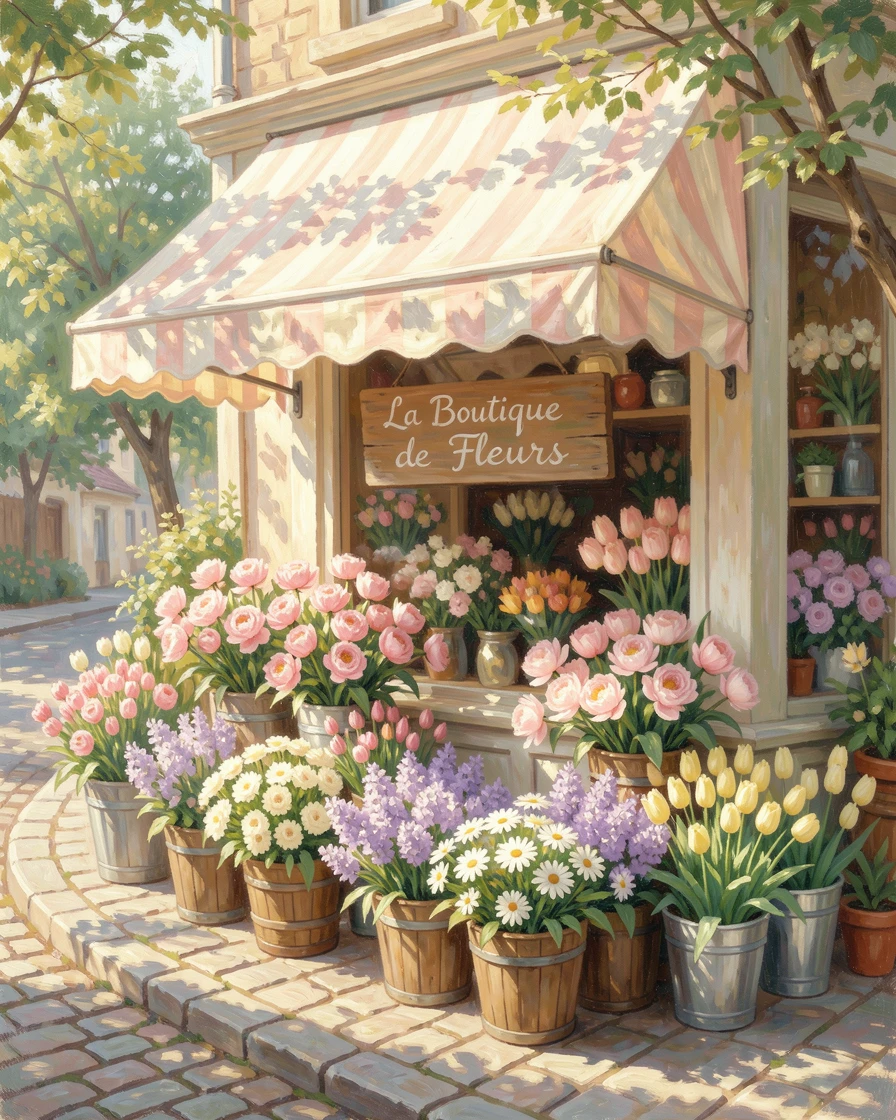 A charming flower shop with buckets of fresh blooms spilling onto the sidewalk beneath a striped awning, filled with a cozy, comforting atmosphere.