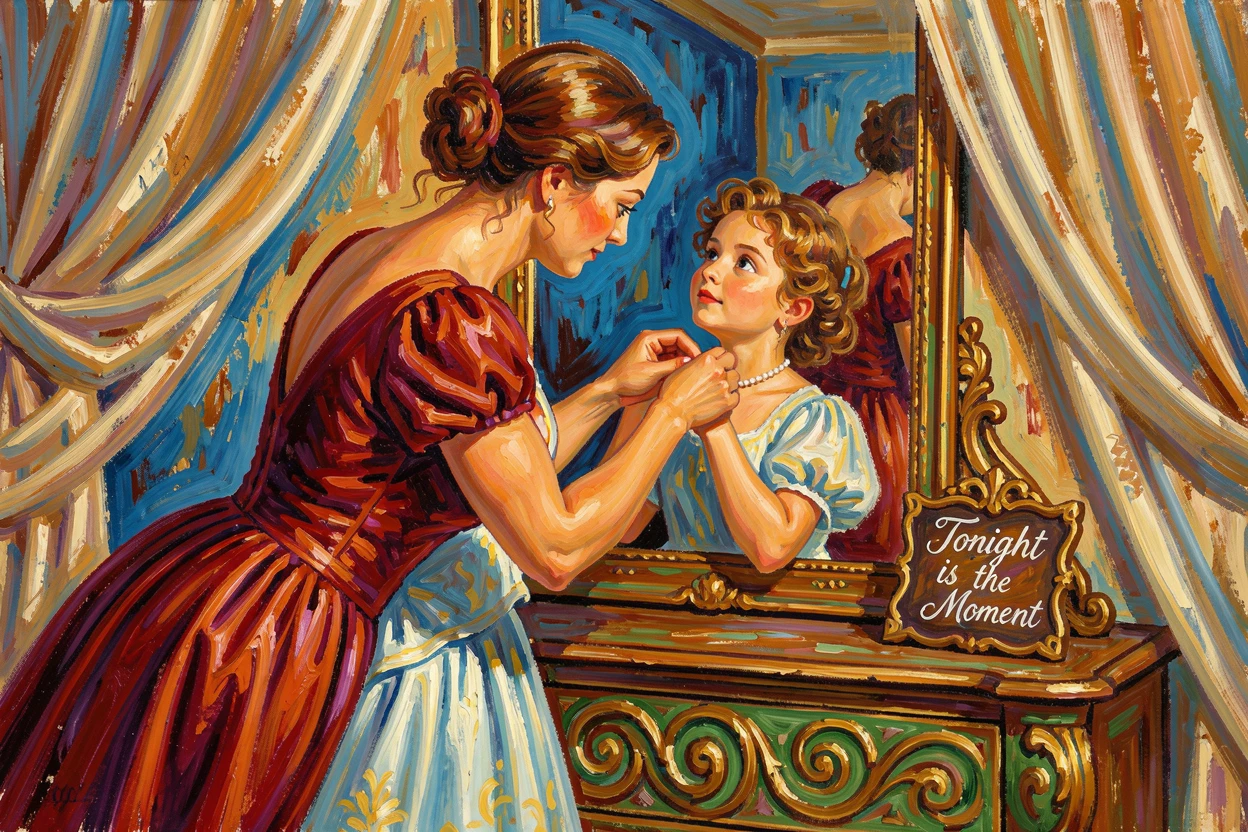 A mother and daughter getting ready together in front of a mirror before a big event.