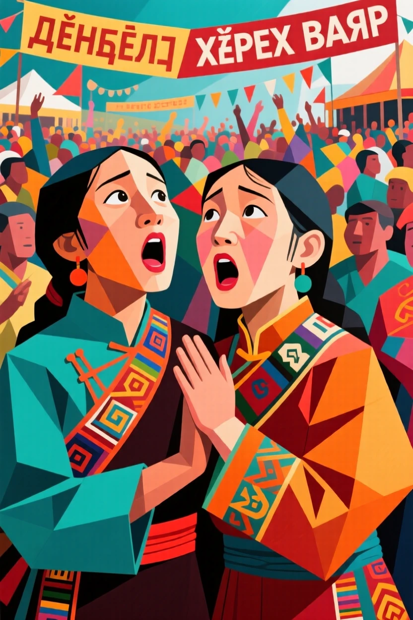 A medium shot of twin sisters of Mongolian heritage gasping in wonder, amid a colorful festival crowd.