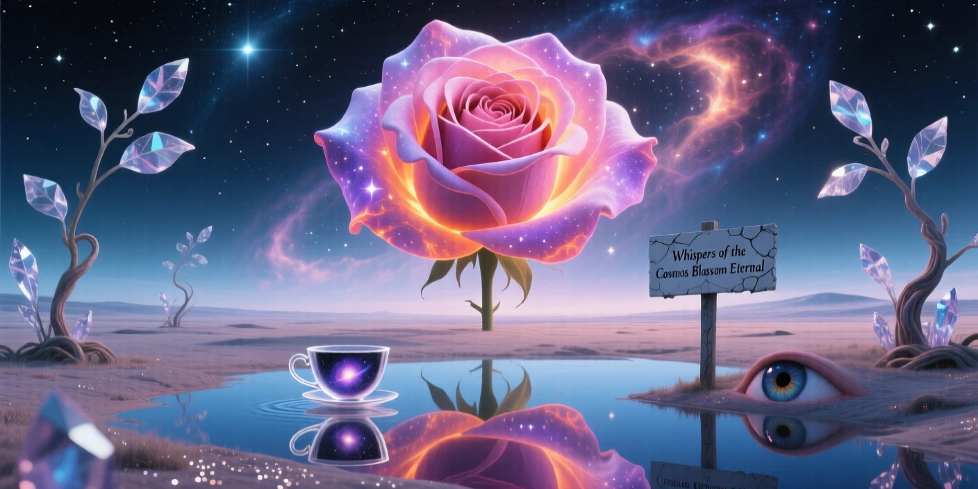 A nebula shaped like a blooming rose drifting through deep space casts a soft glow across a still and quiet landscape, while the entire scene shimmers with quiet, cosmic stillness.