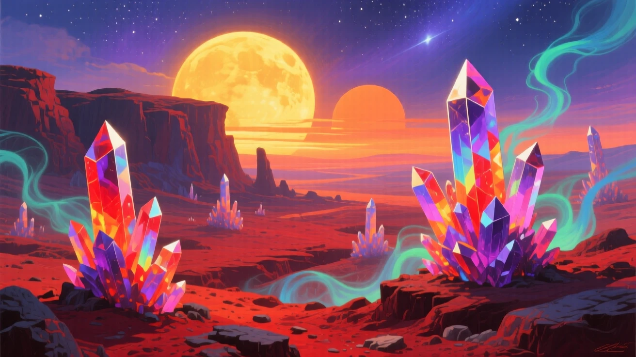 A distant alien landscape shows twin suns setting over a rocky red terrain, strange crystalline formations catching the double sunset glow, faint traces of light or energy drifting through the air to heighten the sense of magic.