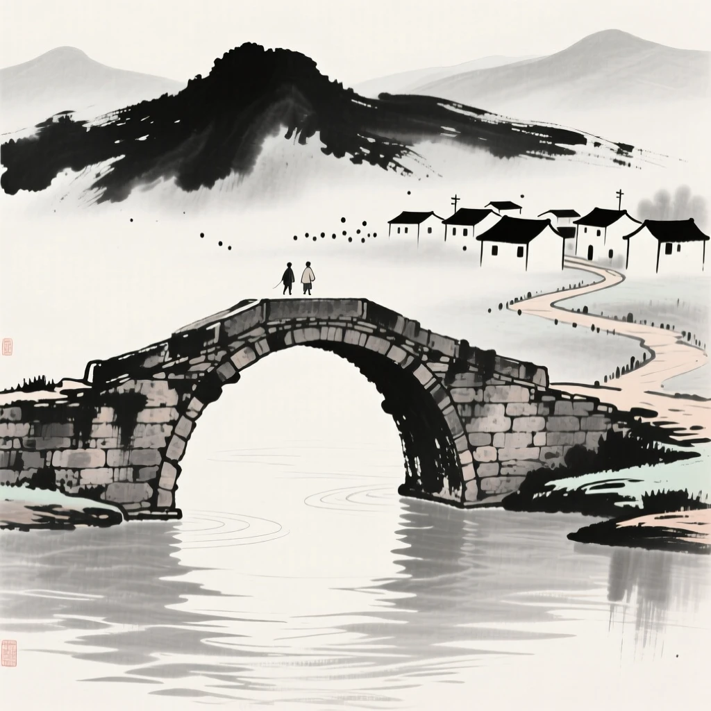 An old stone bridge leads travelers toward a distant mountain village, with reflections rippling in the water below.