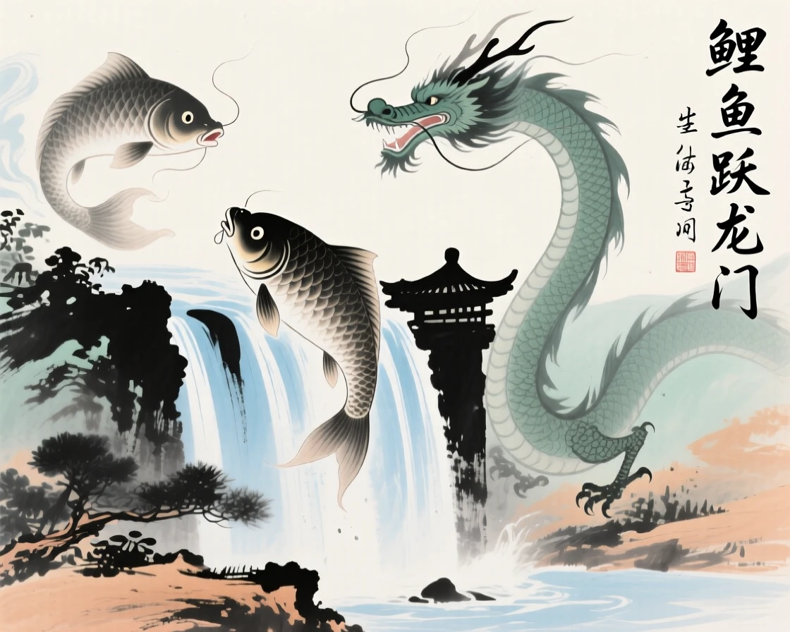 A legendary carp leaping through a waterfall gate to become a dragon, brimming with peaceful contentment, in a warm breeze carrying the scent of blossoms.