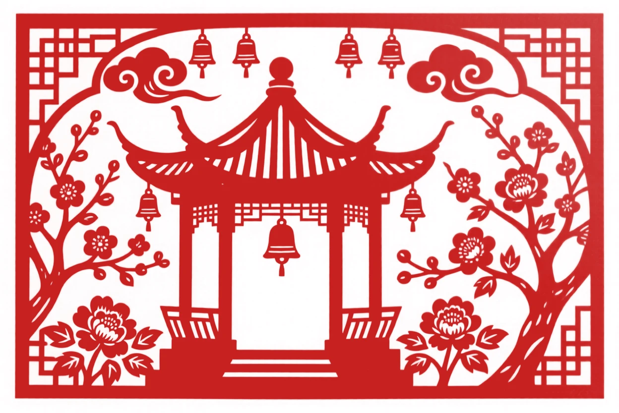 A garden pavilion, framed by blossoming trees in full spring bloom, its rooftop bells chiming softly in the breeze.