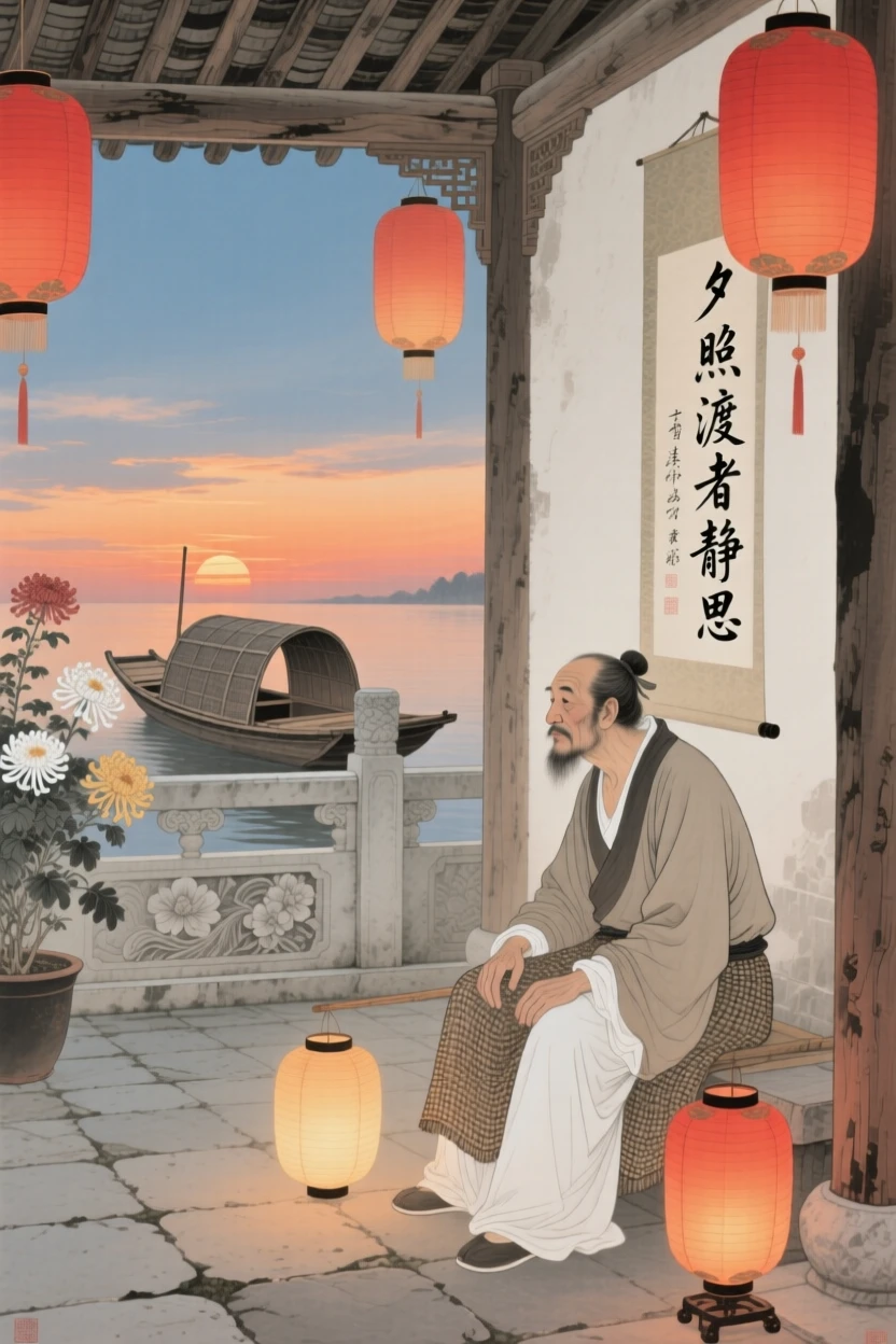 A ferryman watching the sunset in quiet reflection in a courtyard filled with lantern light
