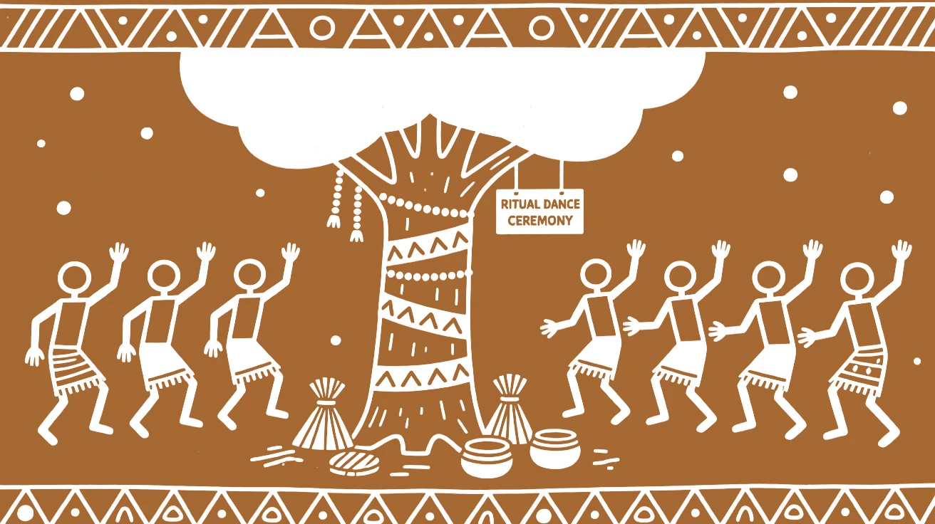A group of dancers performing a ritual dance beside a sacred tree wrapped in offerings.