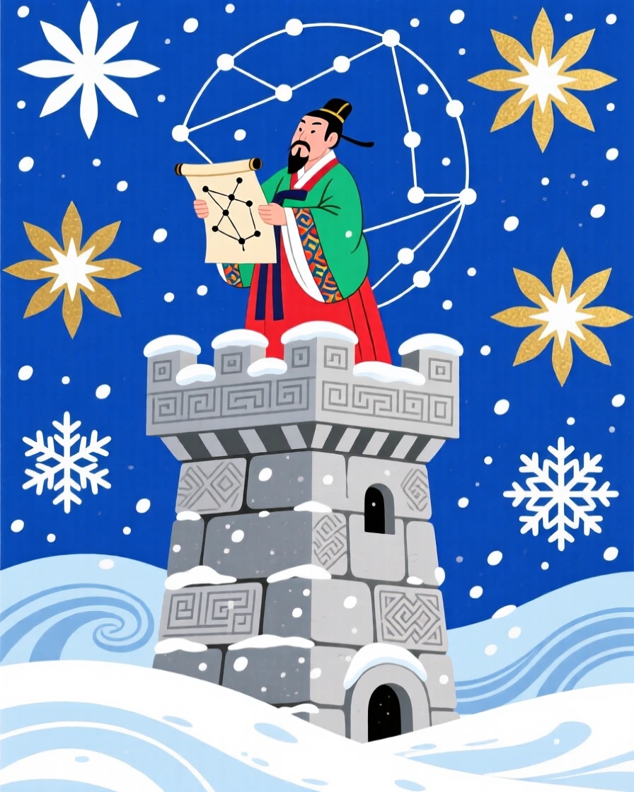 A court astronomer reading the stars from a high stone tower, under a blanket of fresh snow.