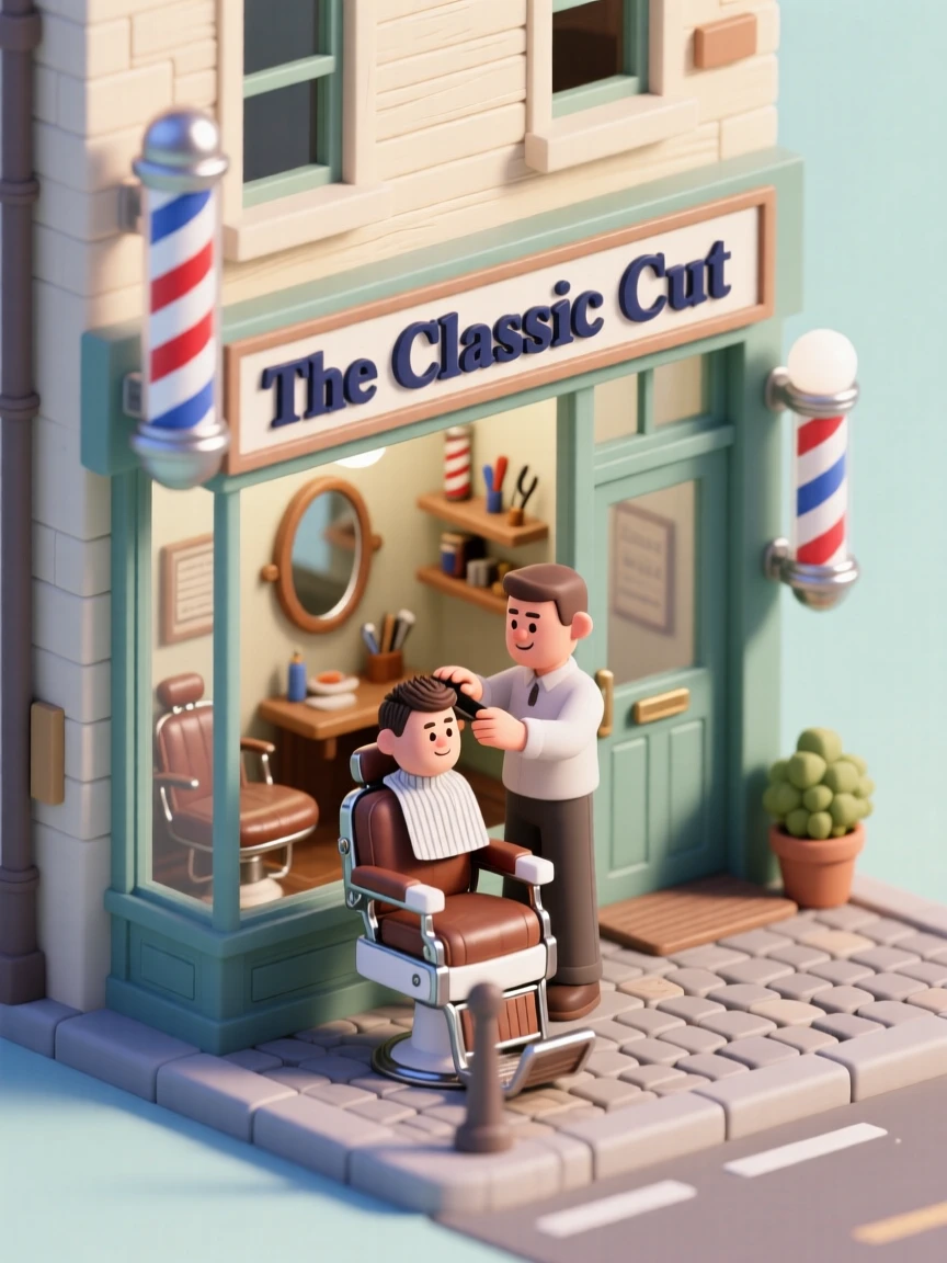 A quaint neighborhood barbershop with a striped pole spinning outside, vintage chairs, and a barber trimming a customer's hair.