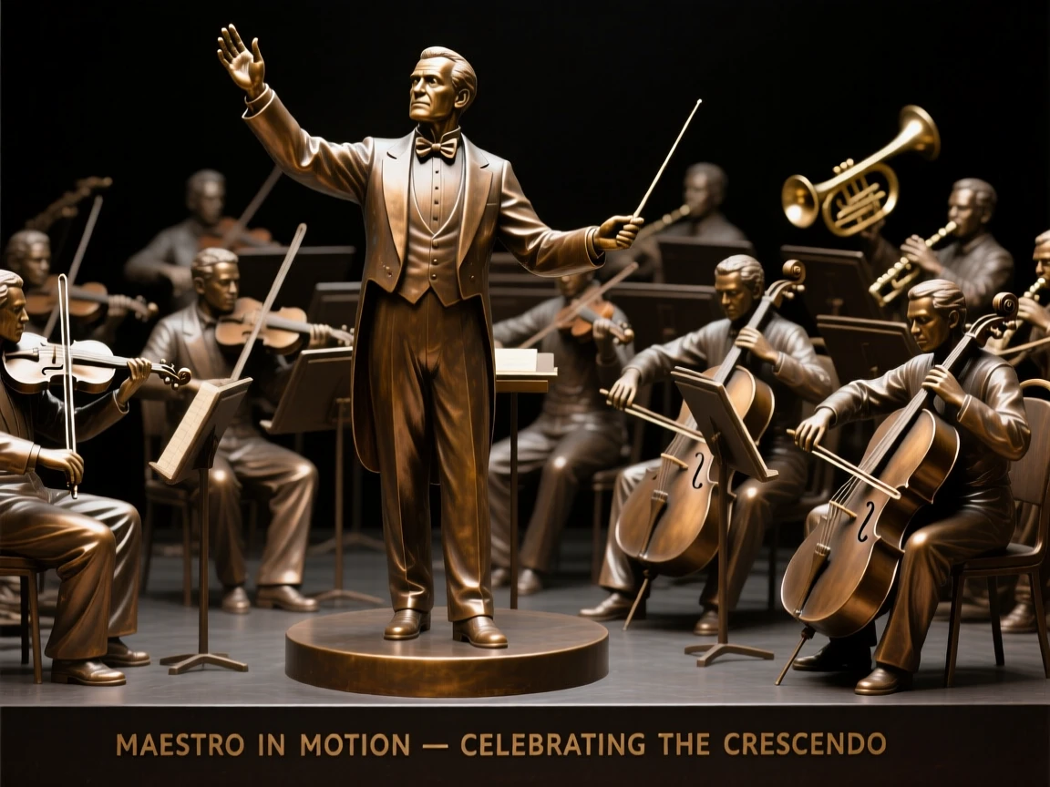 A conductor leading a full orchestra to its crescendo, with an expression of quiet determination, forming a strong central focal point
