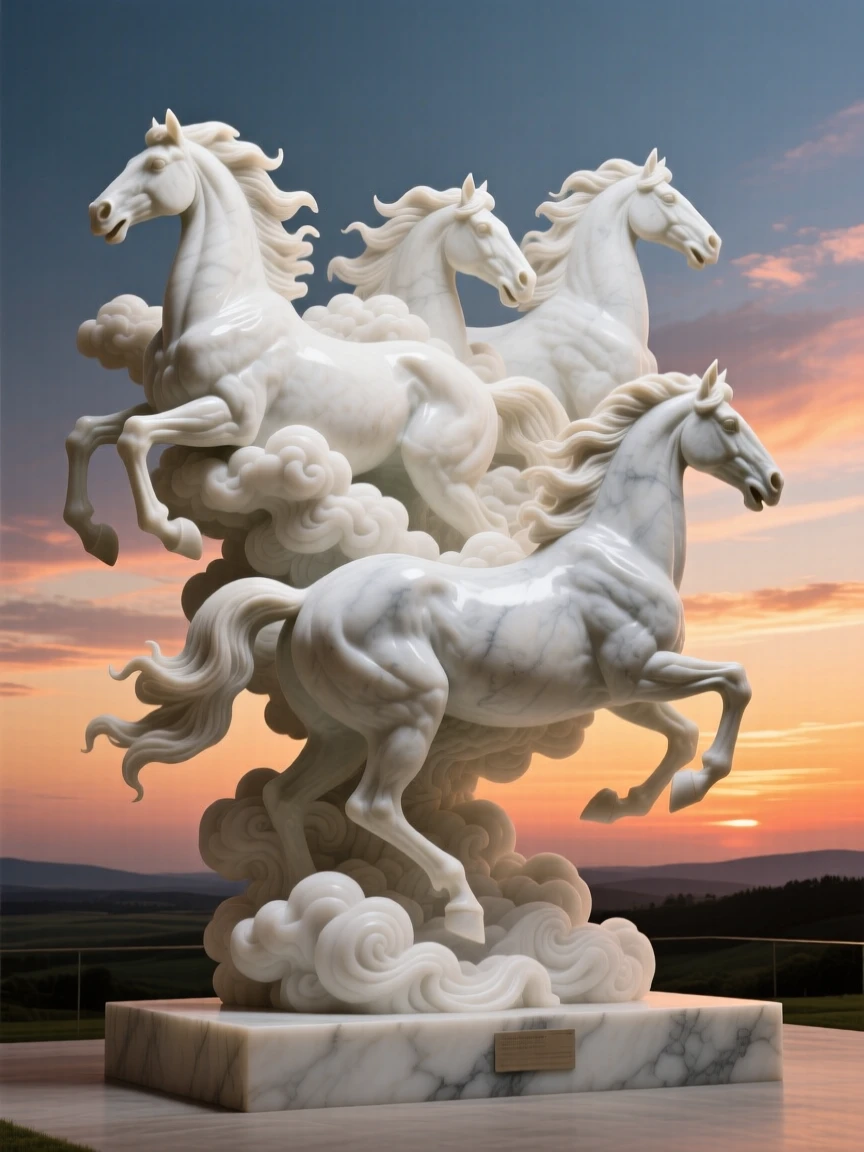 A striking, imaginative composition featuring clouds shaped like galloping horses across a sunset sky, blending realism with dreamlike wonder