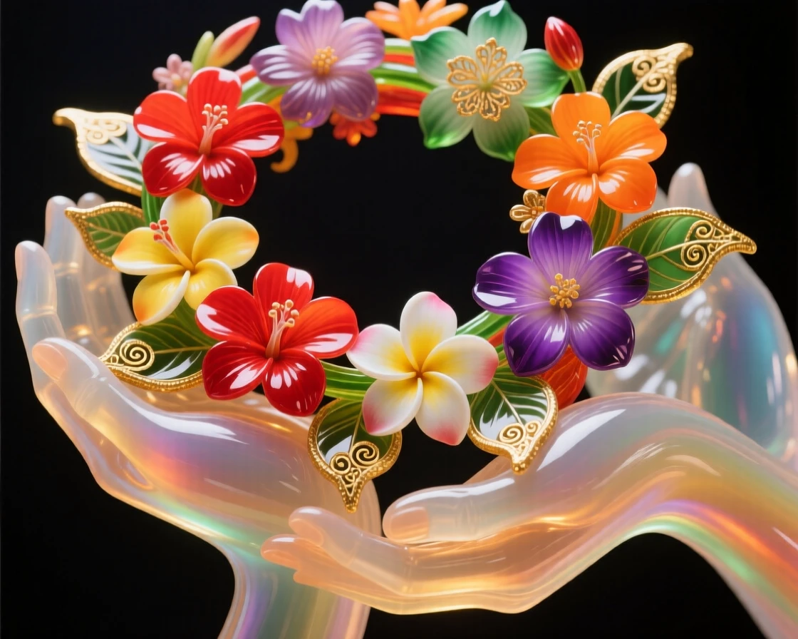 A traditional Hawaiian lei of tropical flowers draped over gentle hands, warm and welcoming.