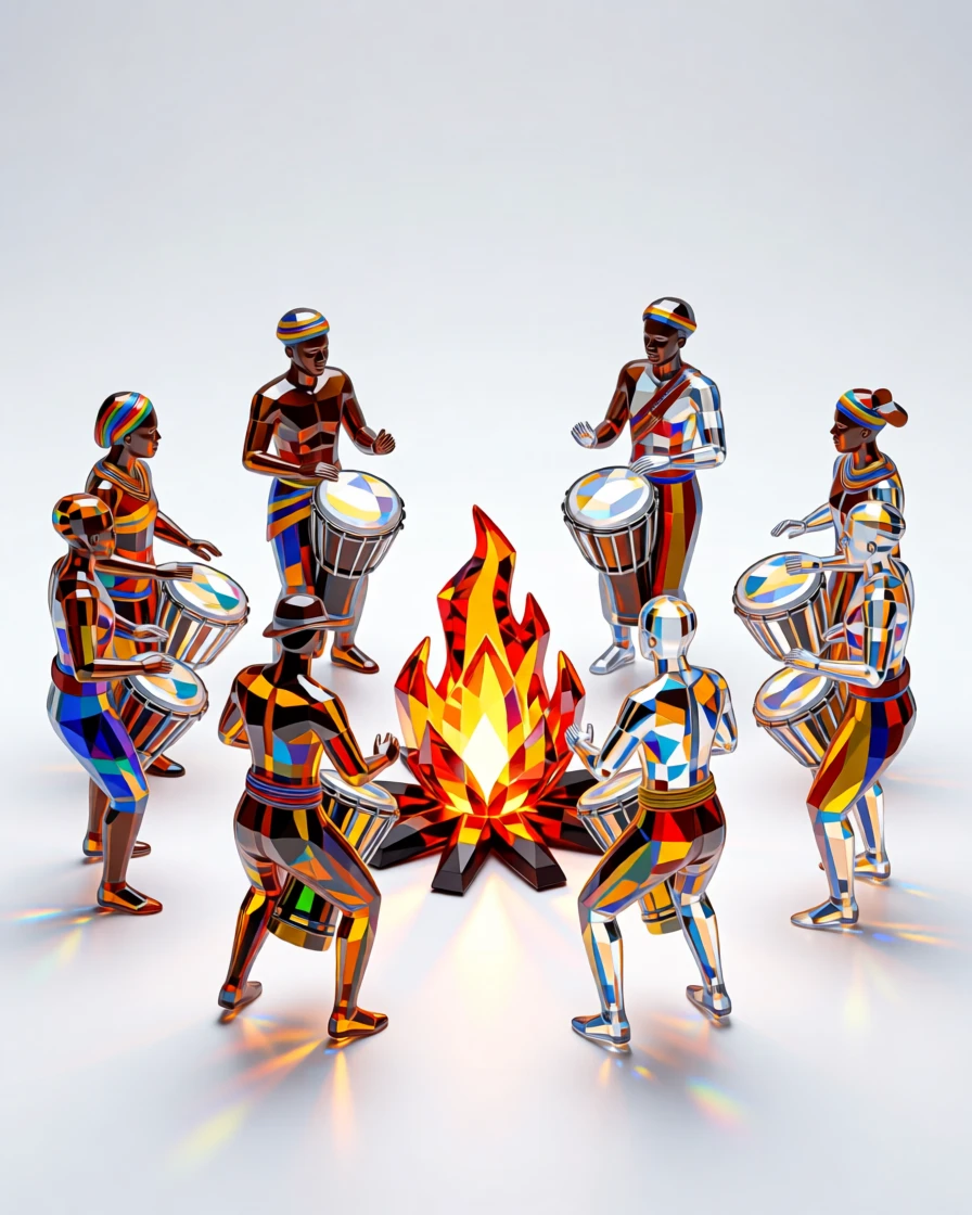 A traditional African drum circle captured mid-performance around a bonfire.