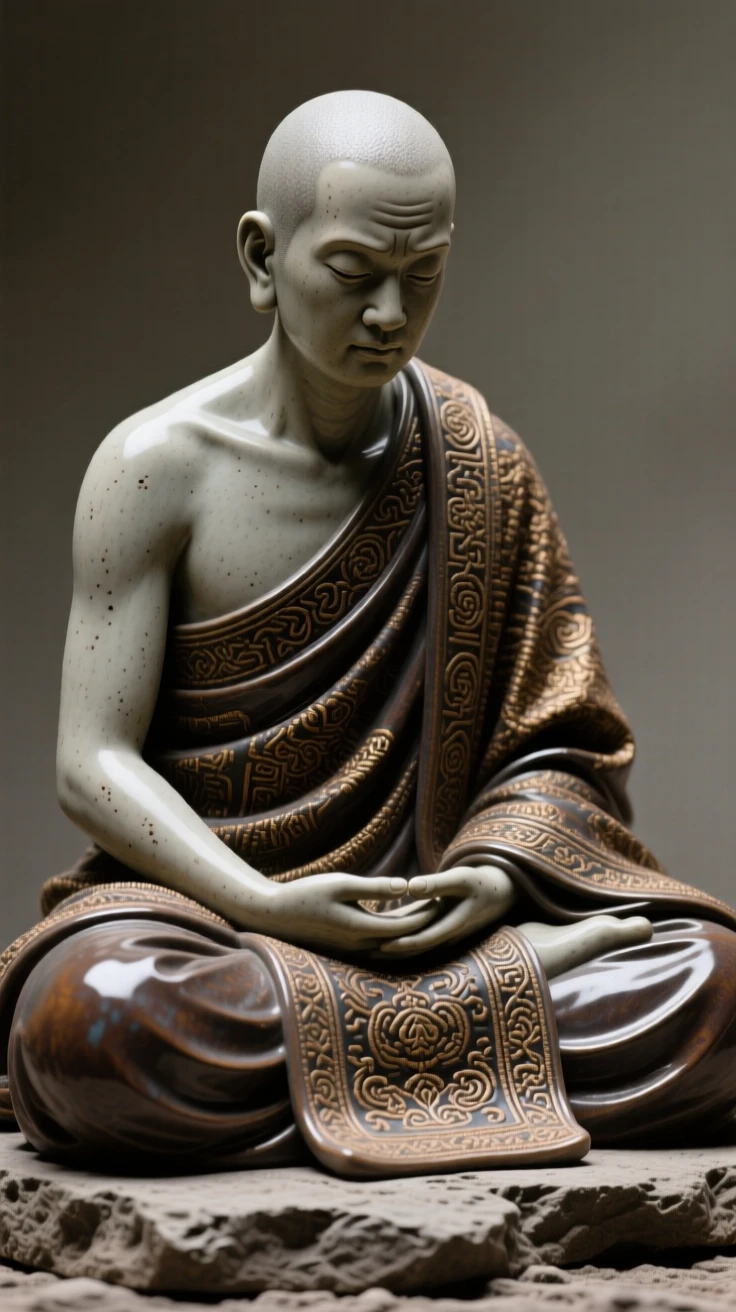 A warrior monk in quiet contemplation seated in quiet, contemplative repose, draped in richly embroidered ceremonial cloth, capturing the weight of history in a single gaze.
