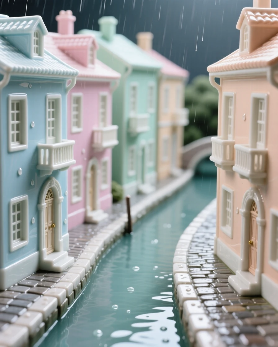A charming canal-side row of pastel houses, a gentle rain giving the street a soft shine.