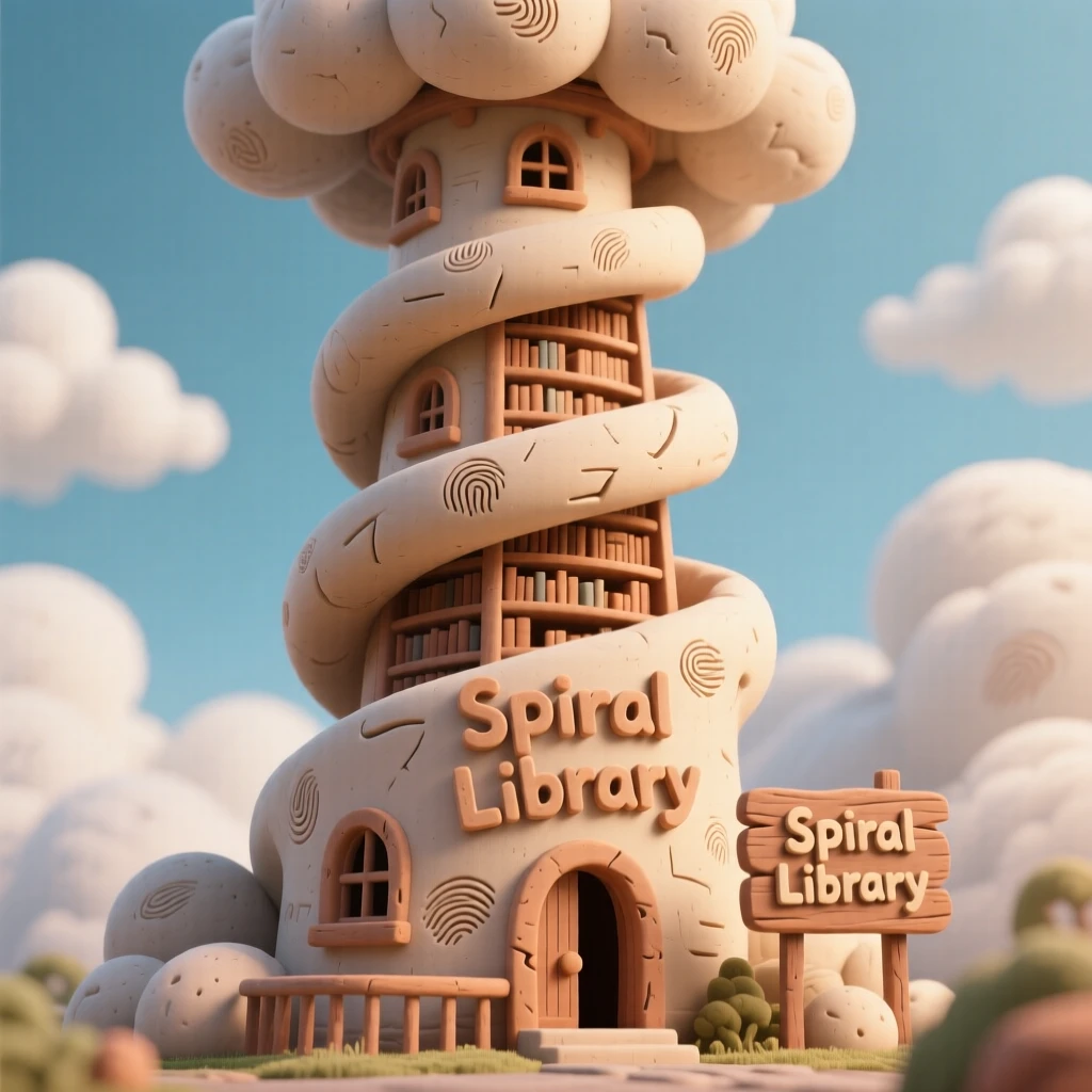 A grand spiral library tower rising into a cloud-covered sky