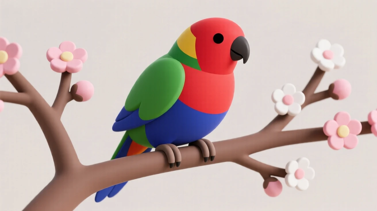 A colorful rainbow lorikeet perches on a blooming branch, feathers blazing red, blue, and green.