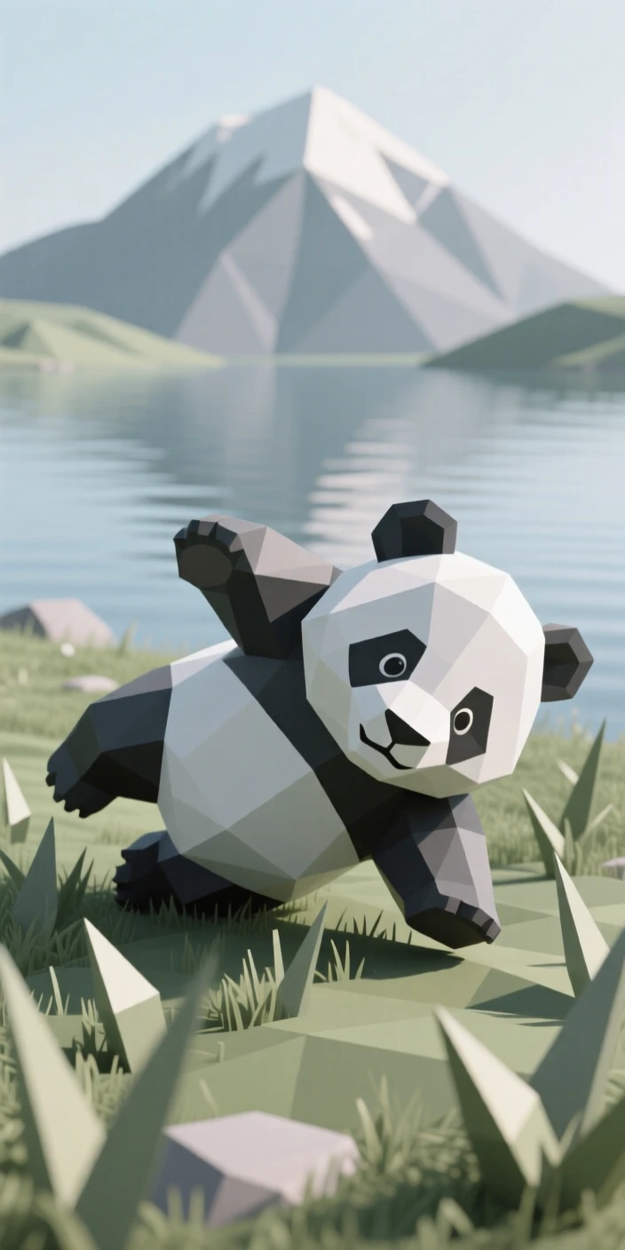 A giant panda cub tumbling in the grass, beside a crystal-clear mountain lake. the composition centers the subject with a shallow depth of field. There is a sense of quiet wonder.