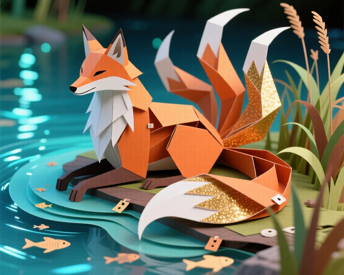 A shape-shifting fox spirit resting beside a glowing mystical lake, with a shimmering magical aura surrounding the figure, evoking otherworldly beauty.