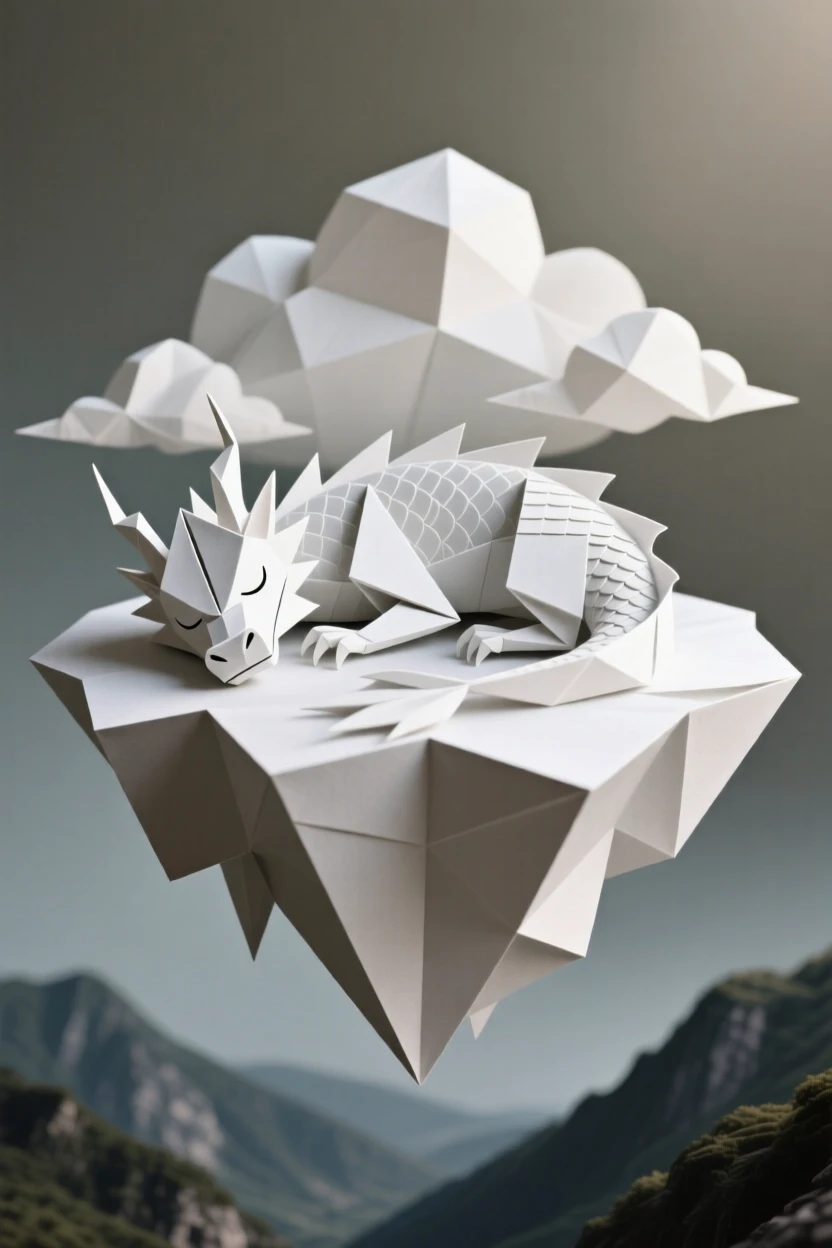 A floating island of clouds shaped like a sleeping dragon drifting above a valley.