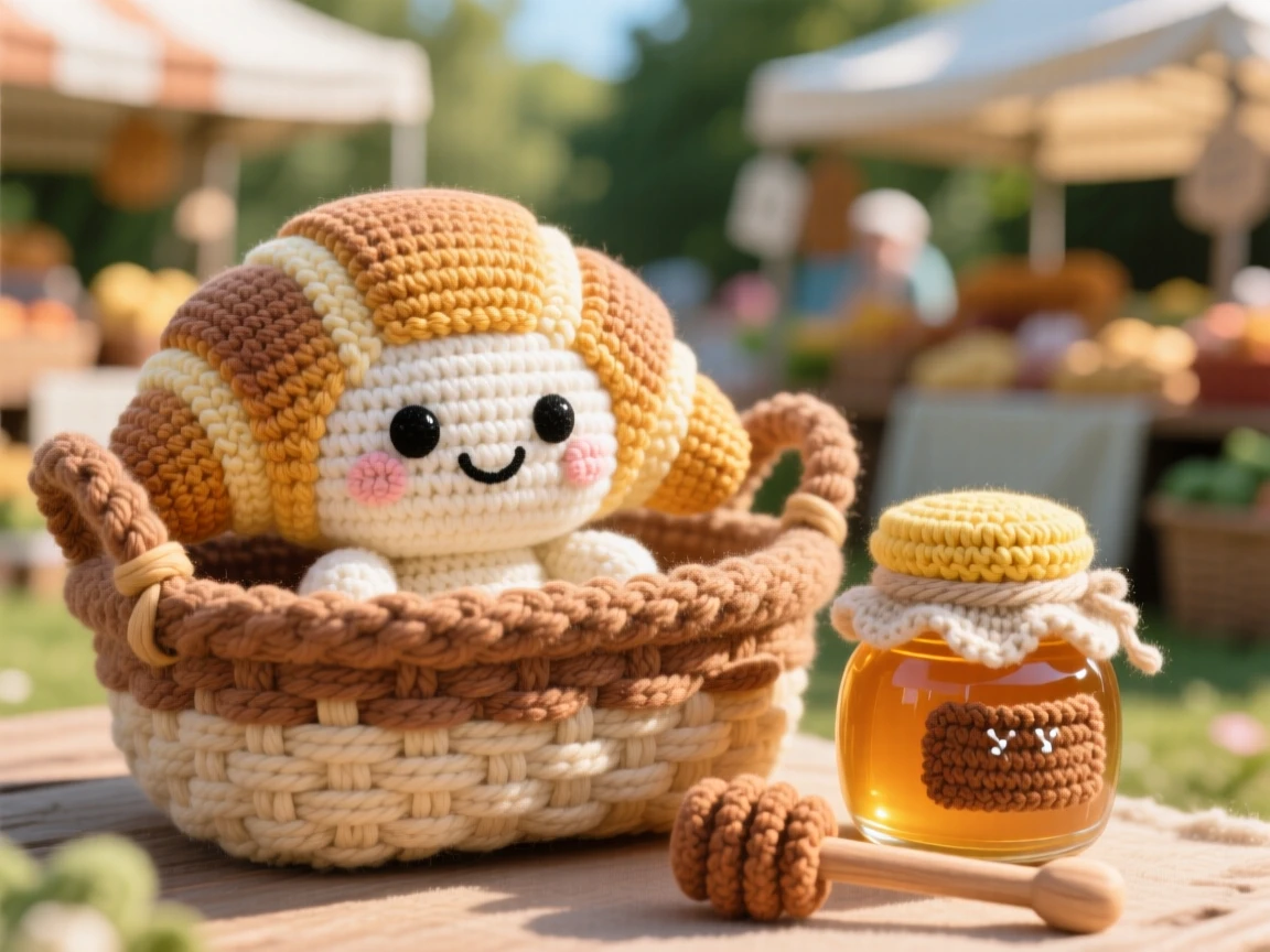 A delightful still-life of a happy croissant character with golden flaky layers, resting in a woven bread basket within a sunny outdoor farmer's market stall; a small jar of honey with a wooden dipper nearby, full of bright, appetizing cheerfulness.
