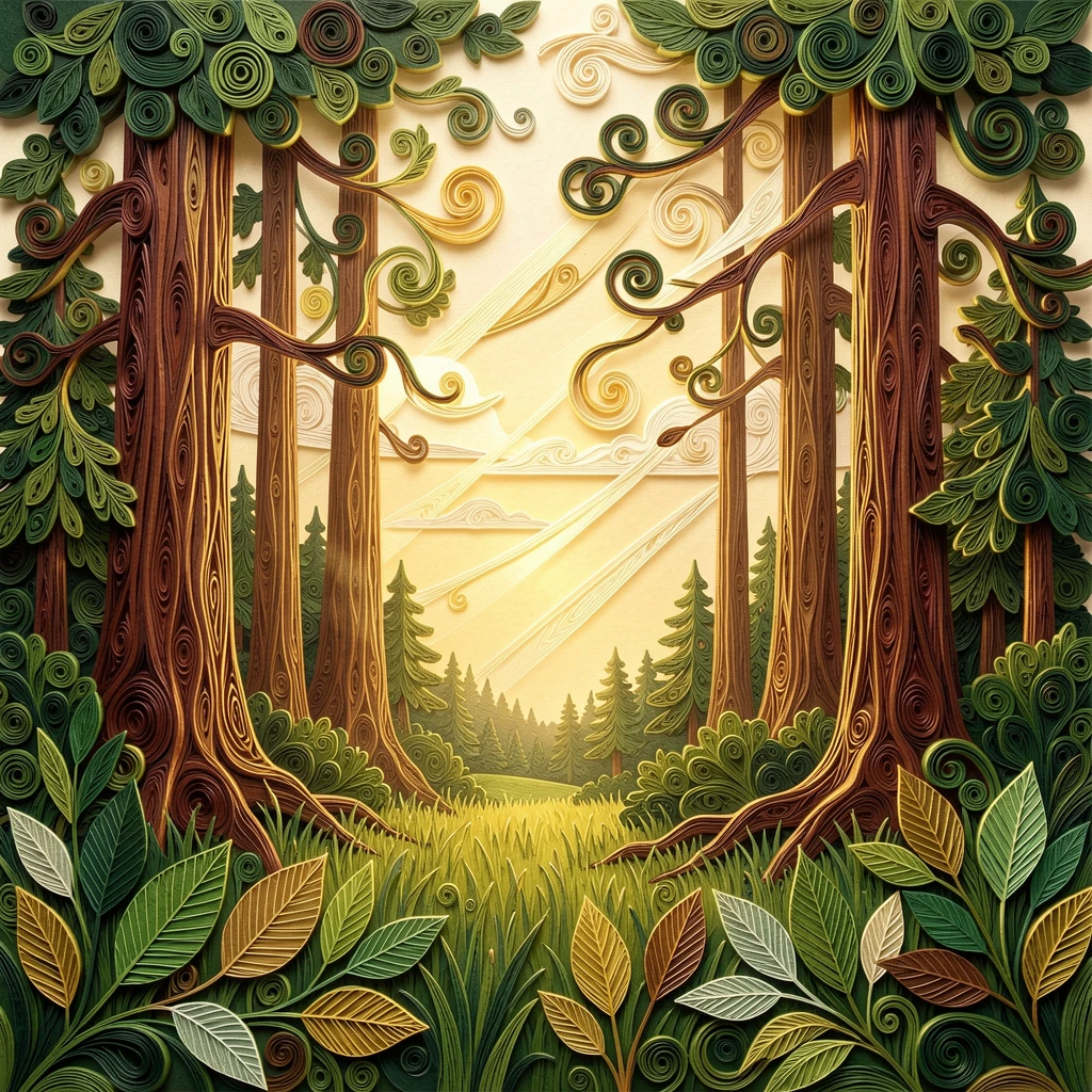 A serene botanical study of a towering redwood forest with sunbeams breaking through in a quiet countryside meadow at sunrise, with delicate veining visible on each leaf, spread across the frame in a lush, full composition.