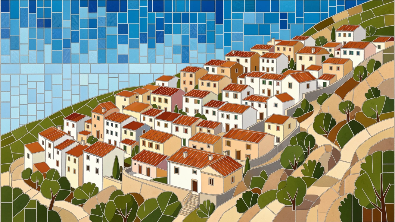A hillside mediterranean village with terracotta rooftops, viewed from a dramatic elevated vantage point.