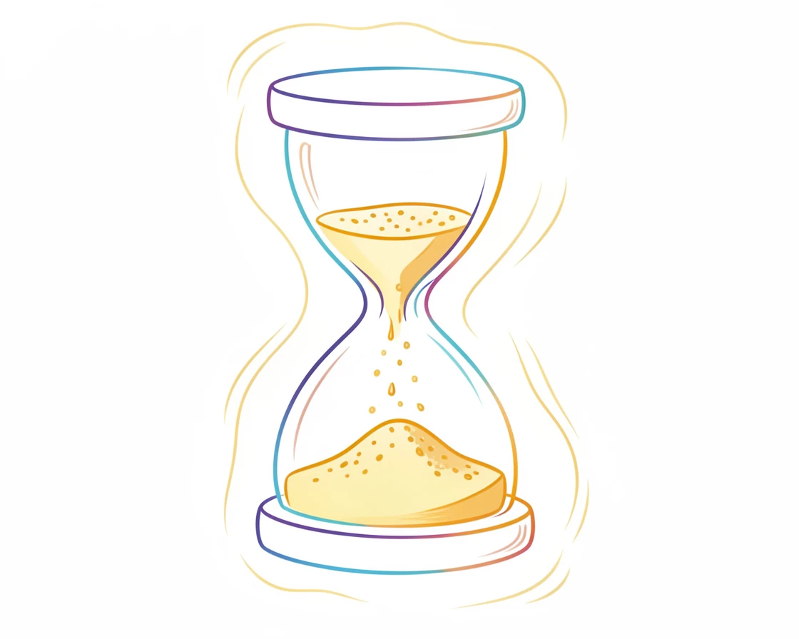 An hourglass with golden sand falling gently, framed by soft light.