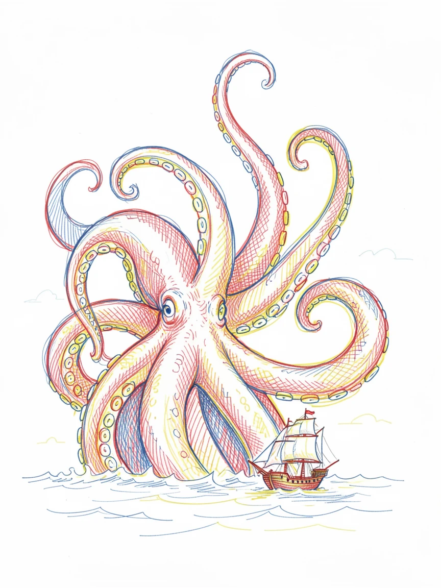 A colossal kraken rising from the depths beside a small sailing ship