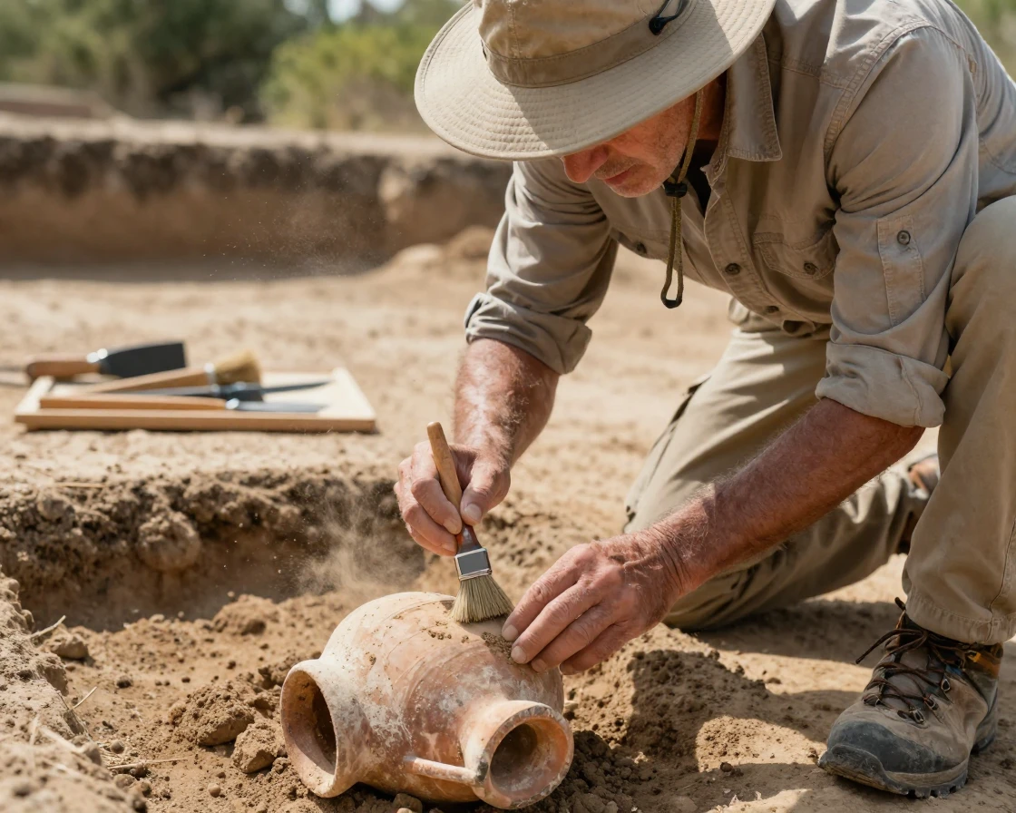 An archaeologist carefully brushing dirt from an ancient artifact