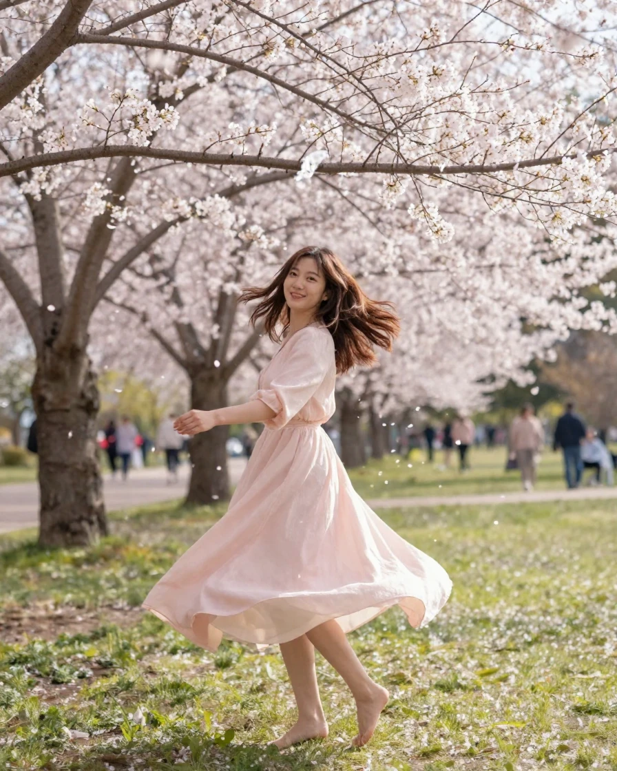 A woman in a flowing dress twirls beneath falling cherry blossom petals in a park.