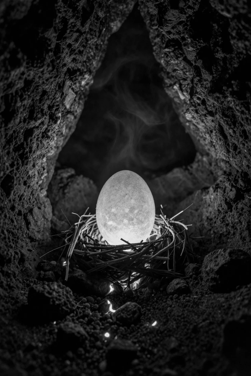 A phoenix egg glows faintly atop a nest of embers within a volcanic cave.