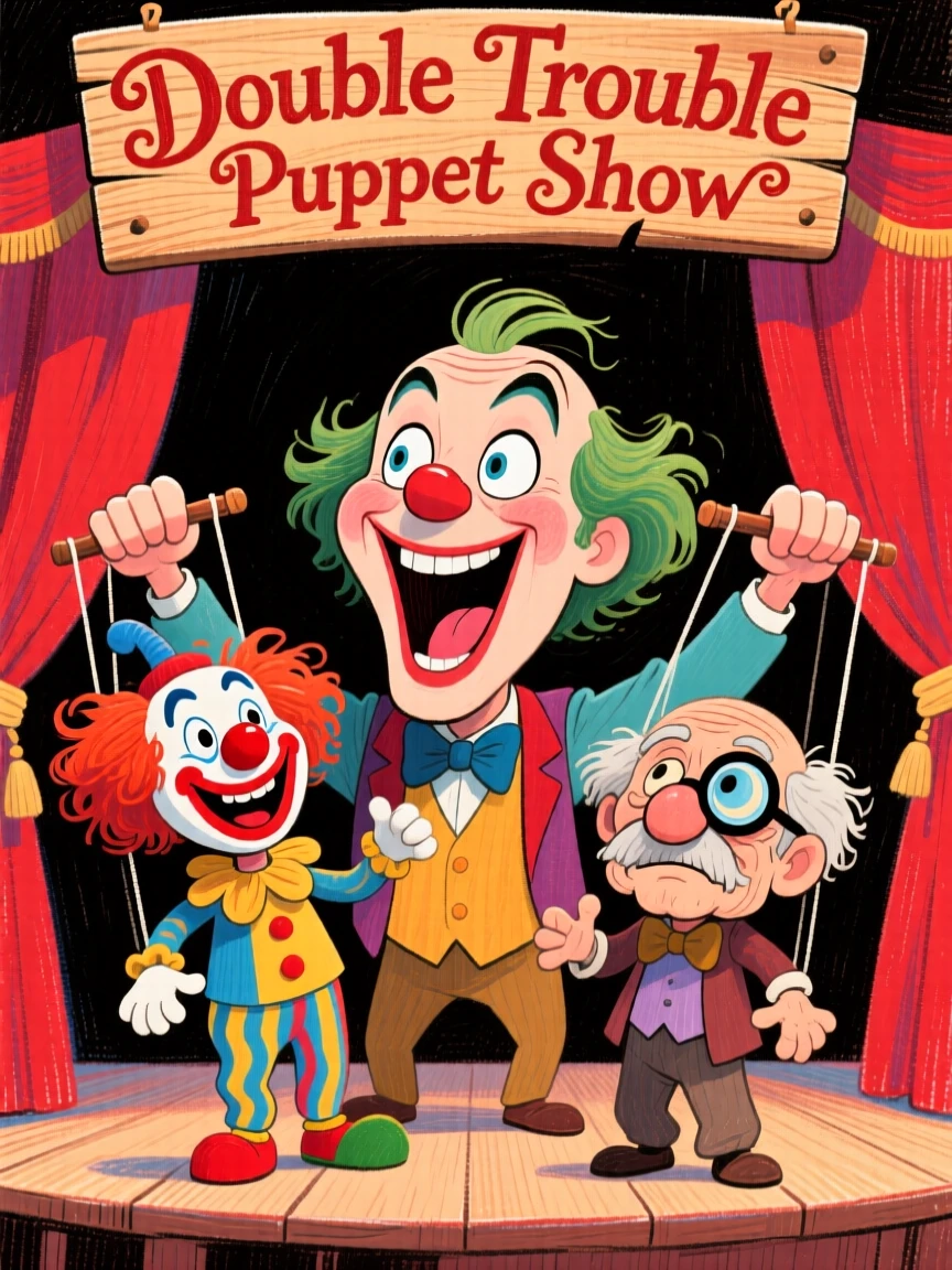 A puppet show performer voicing two characters at once with exaggerated expressions.