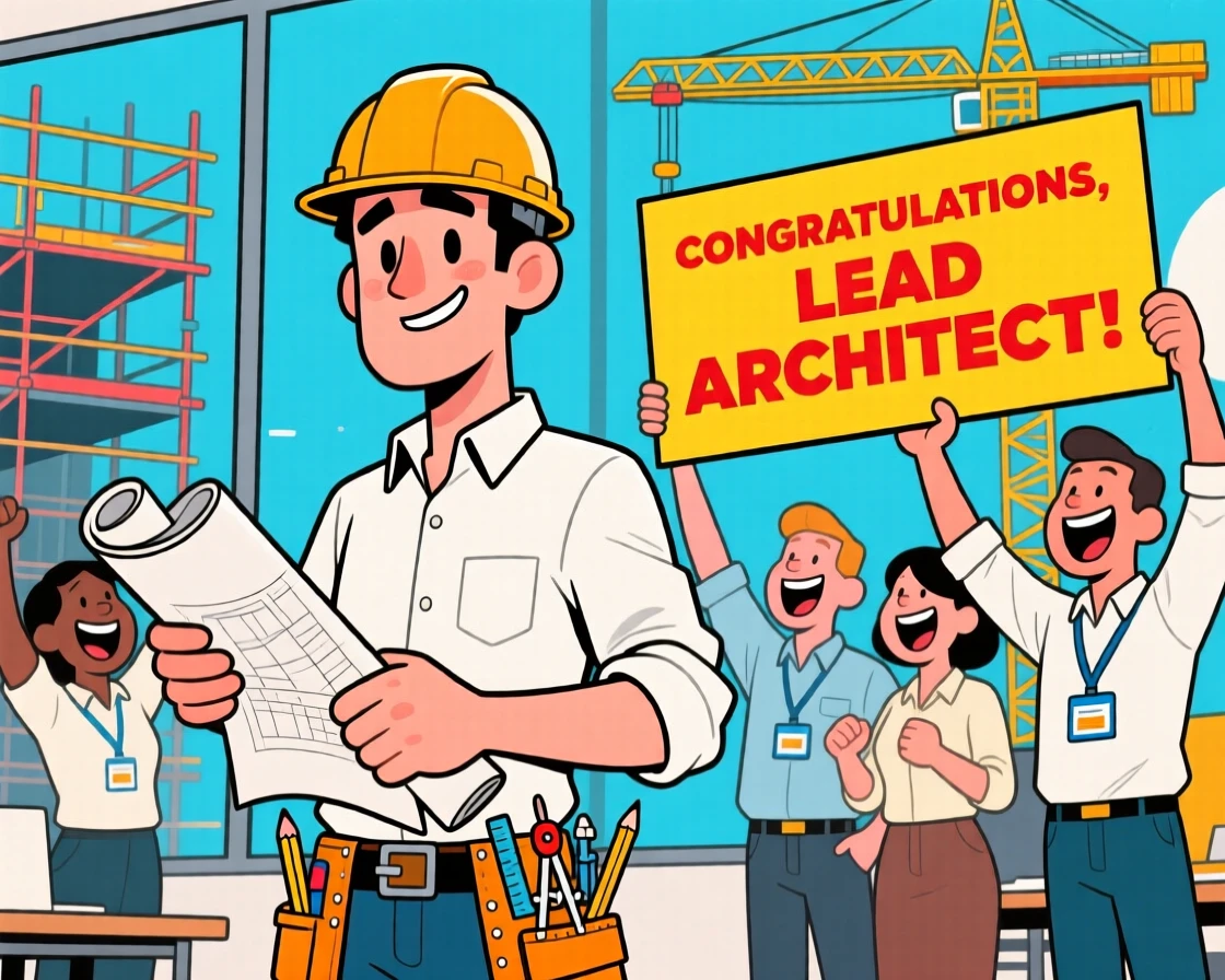 A vibrant profession-themed portrait of a meticulous architect pausing to pose confidently for the camera, with coworkers cheering in the background.