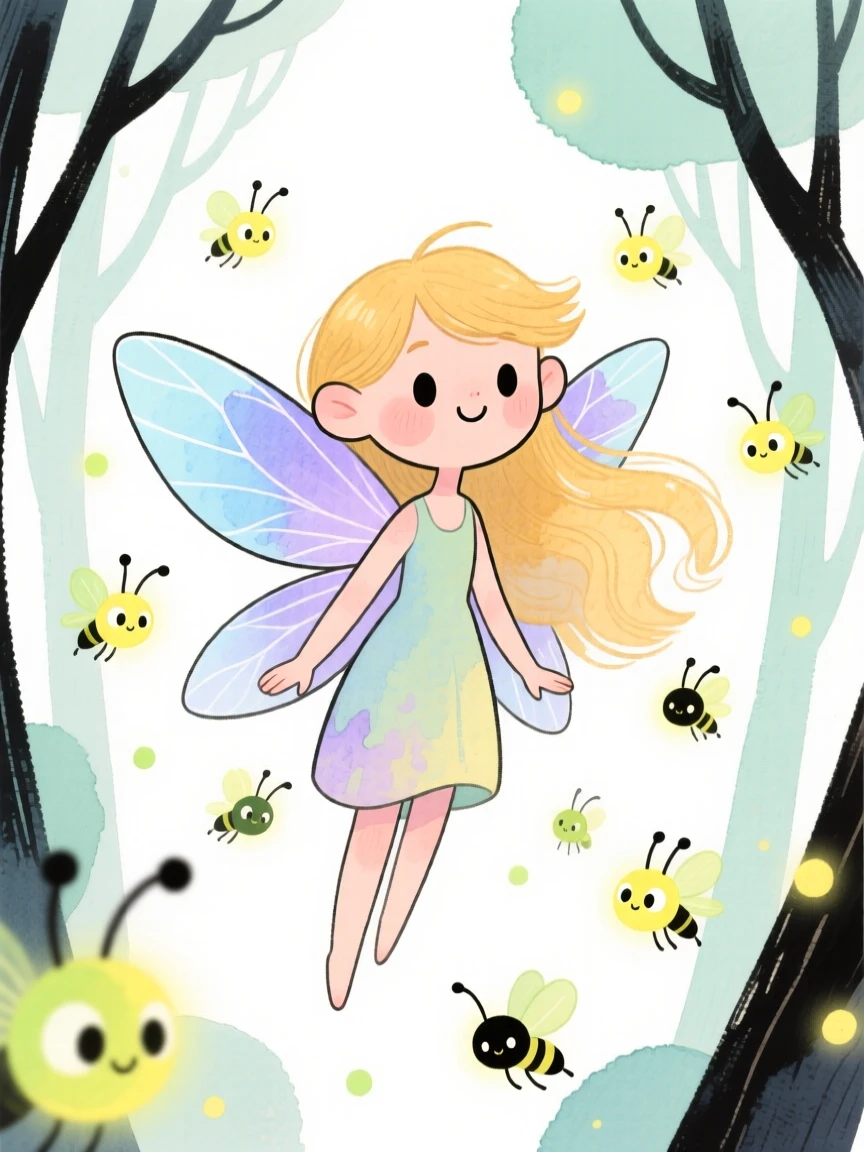 A graceful fairy surrounded by glowing fireflies in an enchanted forest